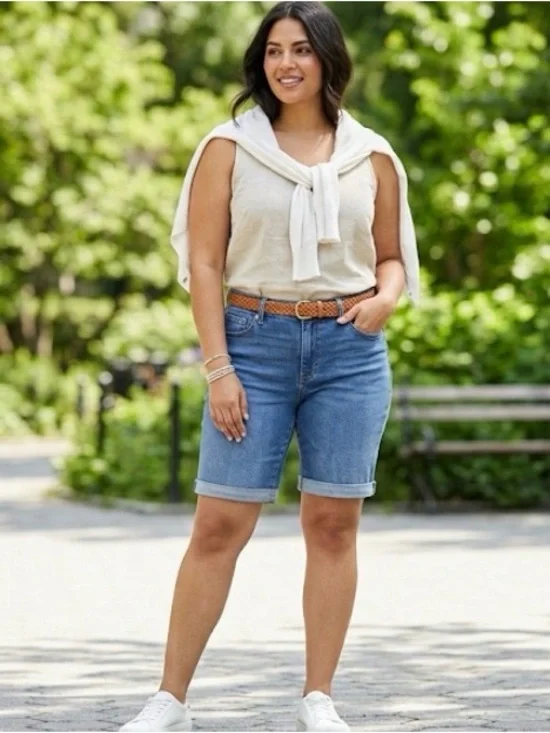 Levi's Denizen Mid Rise Shaping Denim Bermuda Shorts Blue Frayed Jean 8 30