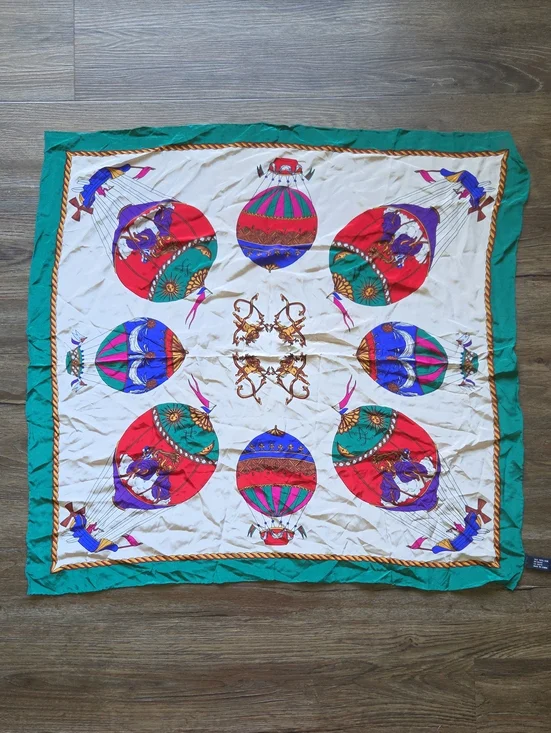 Green And White Celestial Hot Air Balloon Decorative Scarf 100% Silk