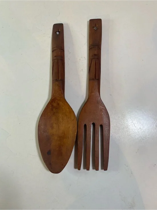 Vintage Carved Totem Monkey Pod Wooden Fork & Spoon 13” Length Partial Sticker