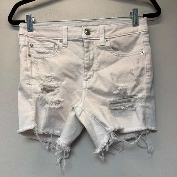American‎ Eagle Denim Shorts Women 6 White Excellent Hi-Rise Shortie Distressed