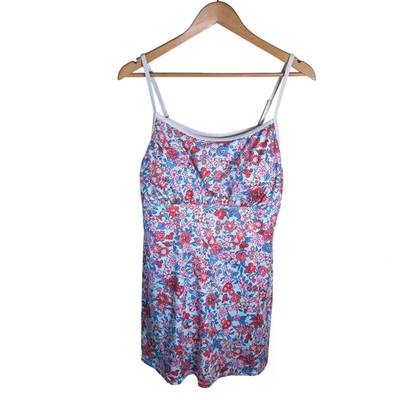 Swim Dress Women XL Blue Pink Floral Shelf Bra Skort Vacation Beach Active