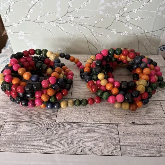 Vintage 9 ft WOODEN BEAD Christmas Tree Garland Strands Multi-Color LOT OF 2