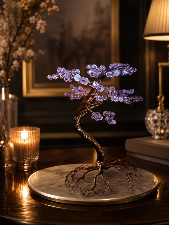 Crystal Bonsai Tree Sculpture - Purple Gem Leaves