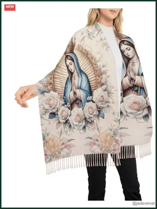 Extra Large Prayer Shawl Wrap - Christian Virgin Mary Scarf with Rose Pattern