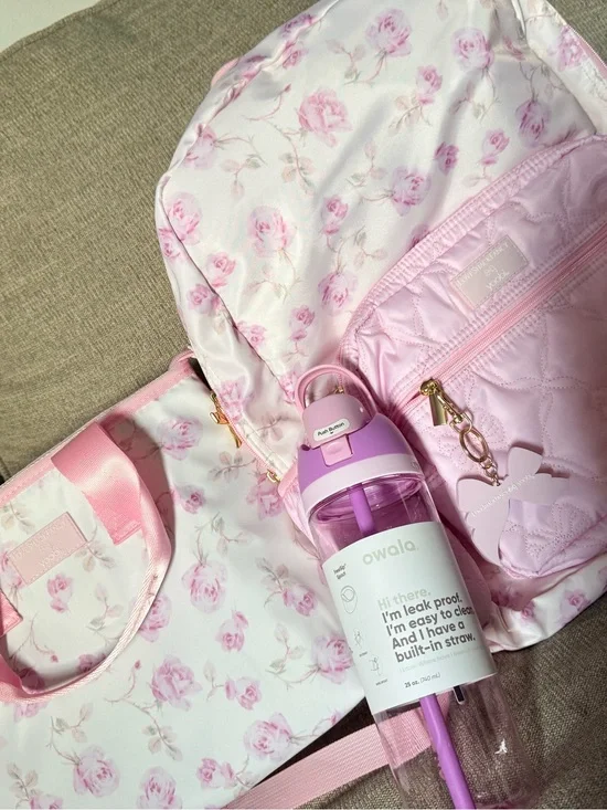 LoveShackFancy Pink Floral Kids Backpack with Matching Bottle