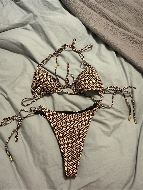 Monday Swimwear Brown and Cream Patterned Triangle Bikini