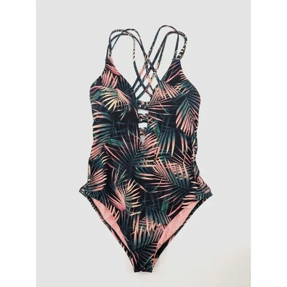 Bar III Swimsuit Women Medium One Piece Plunge Green Tropical Criss Cross Straps