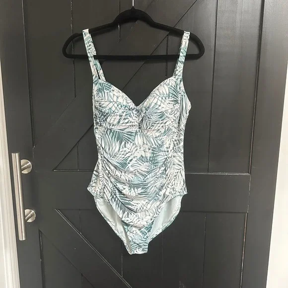 Niptuck Swim‎ One Piece Swimsuit Teal White Palm Print Ruched Tummy Control  10