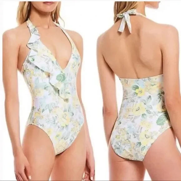 NWT Antonio Melani‎ Floral Ruffle Halter One Piece Swimsuit Size XS