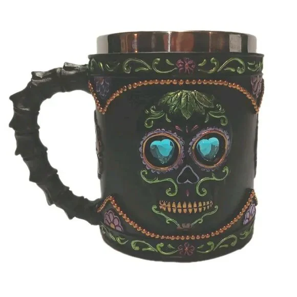 Mug 12 OZ Gothic Black, Green, Purple, Day of The Dead  Skull Mug