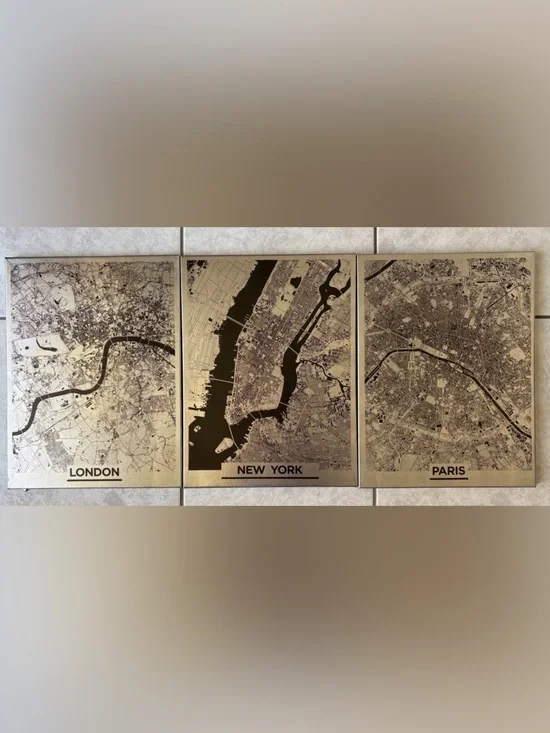 London New York Paris Map Wall Art - Black and Silver
