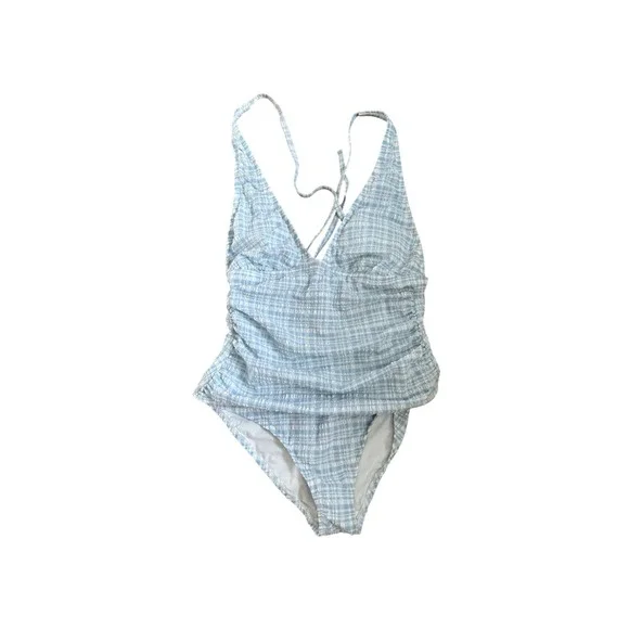 Shade & Shore Womens Gingham One Piece Swimsuit Blue White Ruched L 12-14 NWT