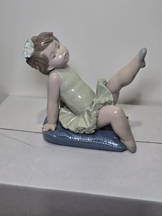 Lladro Pastel Green Ballerina on Blue Cushion Figurine