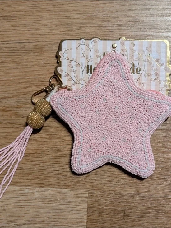 Pink Star Beaded Keychain Charm/Coin Pouch. NWT