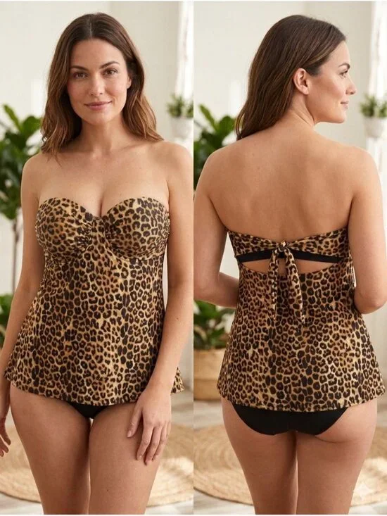 Smart Sexy Swim Tankini Top 38D Leopard Print Underwire Strapless Flounce