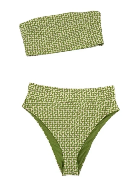 aerie Bikini Green Ditsy Floral Womens Size Large Top XL High Waist Bottoms