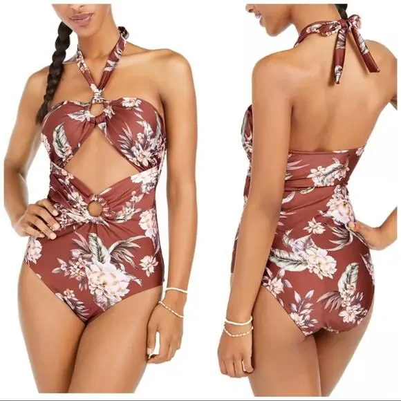 Bar III LUAU PALM Cutout Halter One-Piece Swimsuit