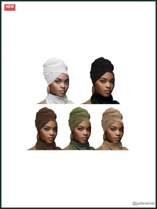 Stretch Jersey African Head Wraps - Long Turban Headscarf, 5 Pack