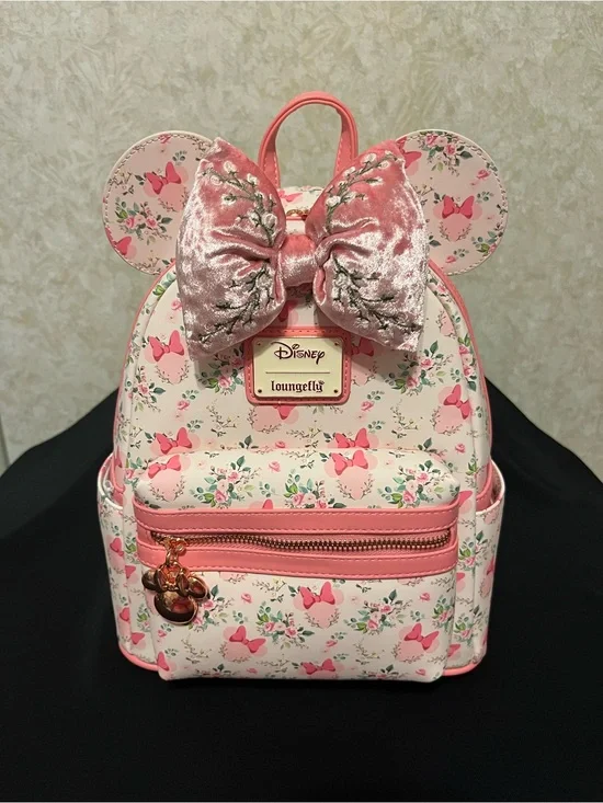 Loungefly Pink Floral Minnie Ears Mini Backpack with Velvet Bow