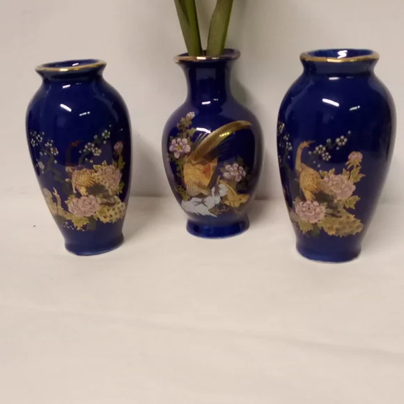 3 Vintage Cobalt Blue Peacocks & Pheasant Budding Vase Mini Floral Pattern 4