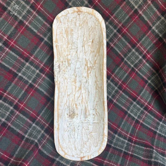 Hand Carved White Distressed Wood Dough Bowl Baguette Tray Primitive Centerpiece