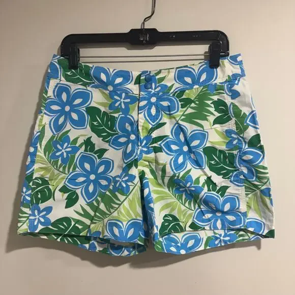 LL Bean Womens Green White Blue Hibiscus Floral Board Swim Shorts Size 8
