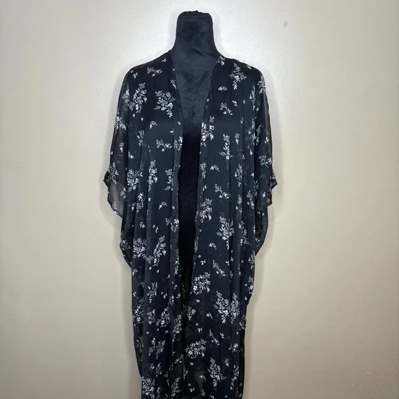LC Lauren Conrad Womens Black Floral Sheer Duster Kimono Open Front One Size
