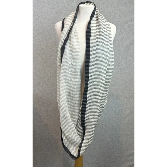 Halogen Infinity Wrap Scarf Black White Striped Linen Blend Neutral Lightweight