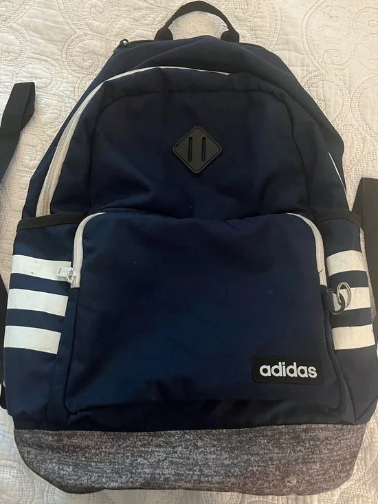 🎒 Adidas Navy Blue Backpack with Grey Base and White Stripes