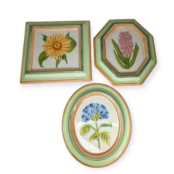 Ceramic Floral Wall Plaques Set of 3 Oval Square & Hexagon