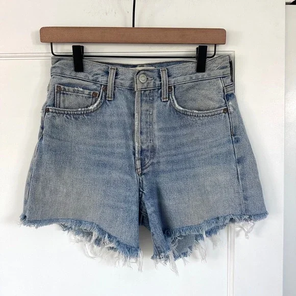 AGOLDE Parker Long High Rise Denim Shorts Skyewave Blue Raw Hem 24