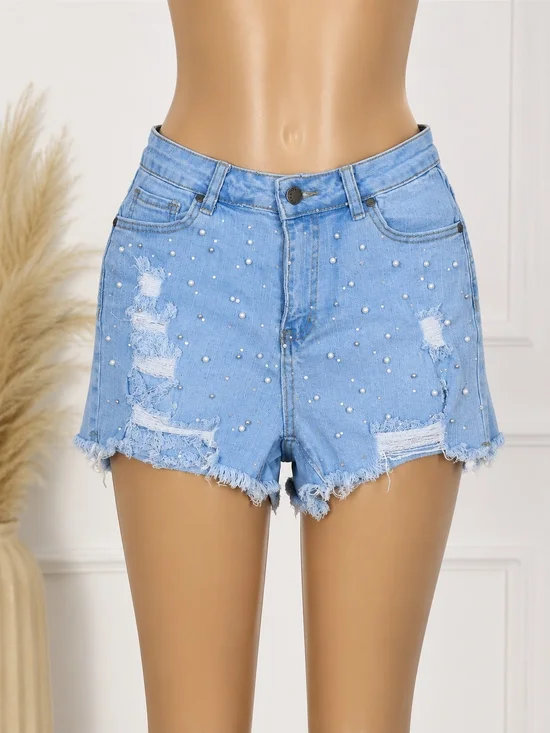 Between Us Distressed Pearl Embellished Denim Shorts Light Wash Frayed Hem Women