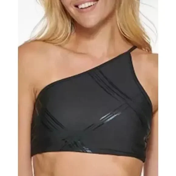 Calvin Klein‎ Bikini Top Tonal Plaid One-Shoulder Swim Black size large,MSRP $78