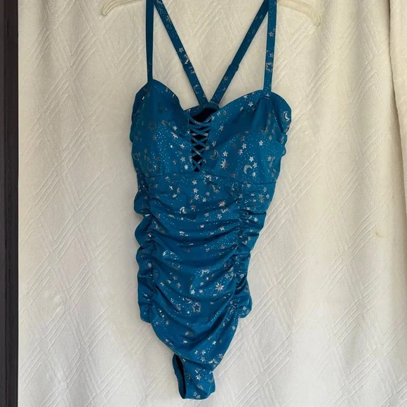 Teal Starprint One-Piece Swimsuit with Lace-Up Front