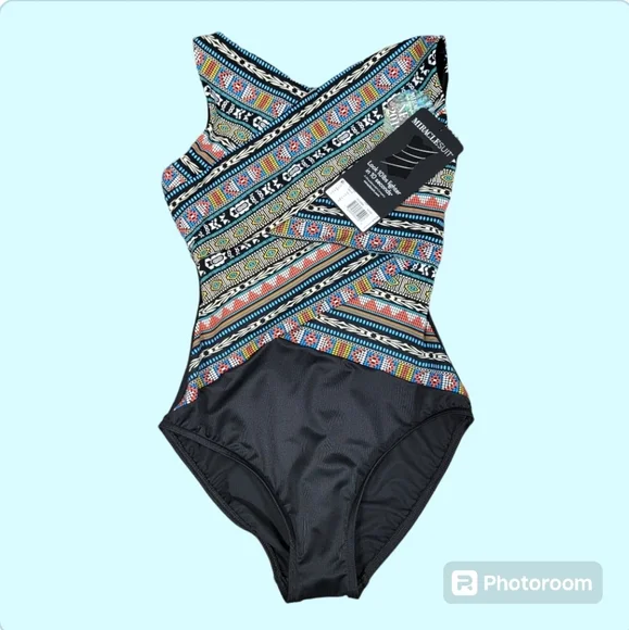 Miraclesuit NWT Black Multi Brio Underwire One Piece Swimsuit 8 MSRP $178