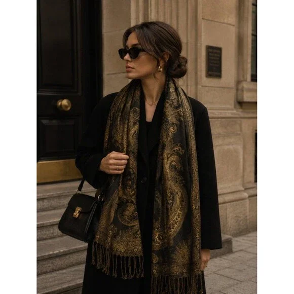Vintage Paisley Pashmina Style Scarf Shawl Wrap Black Gold Boho Elegant Fringe
