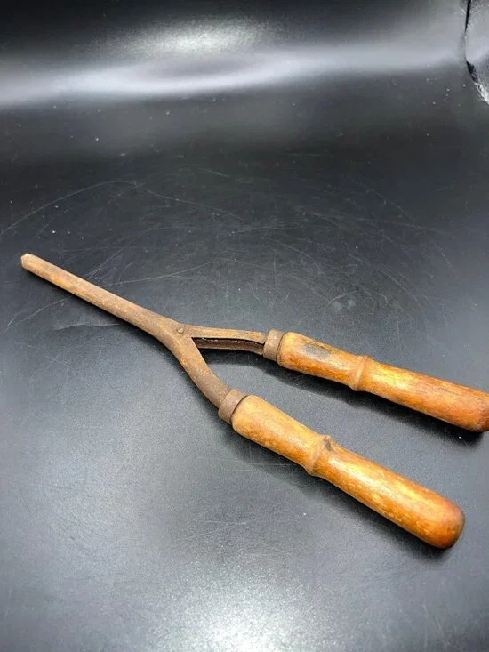 Antique Wooden Handle Curling Iron With Rusted Steel Barrel Rusty Crusty Patina
