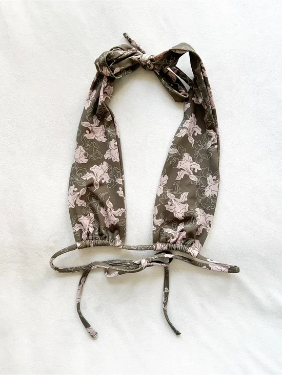 KAIAH Olive & Pink Floral Tiny Triangle Halter Bikini Top - Medium