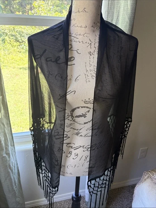 Sheer Black Fringe Shawl Wrap