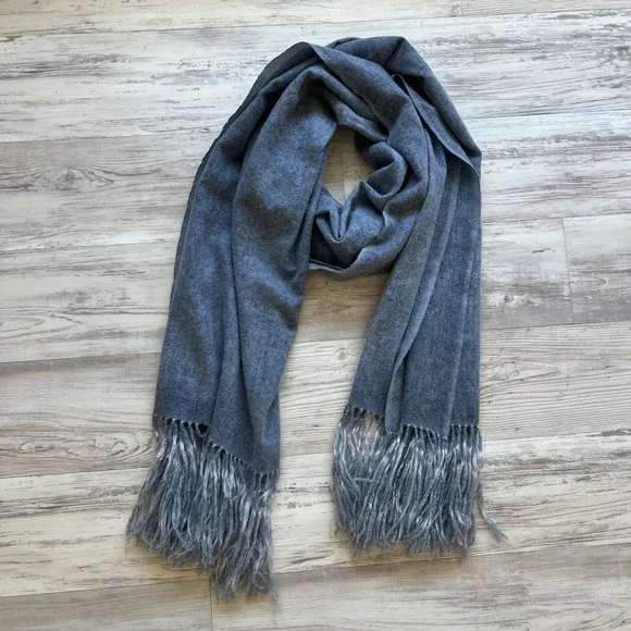 Ottotredici 100% Cashmere Scarf Gray Fringe Trim Solid Wrap Shawl Made in Italy