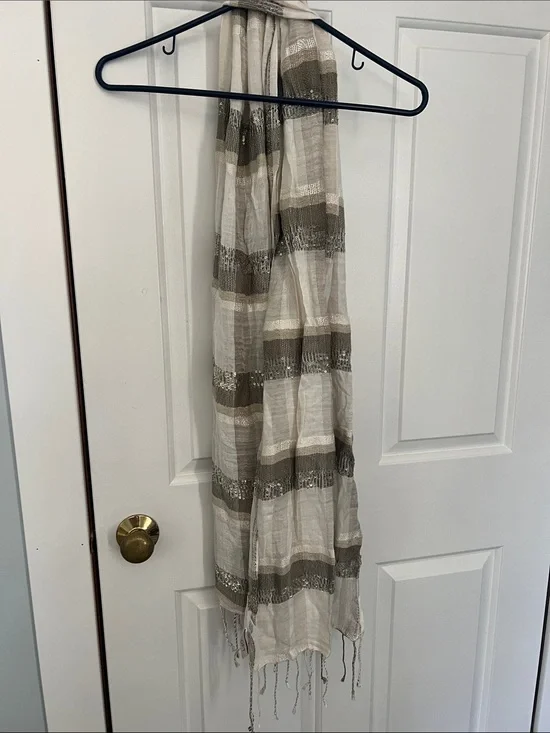Loft Striped Lightweight Fringed Scarf in Cream and Taupe