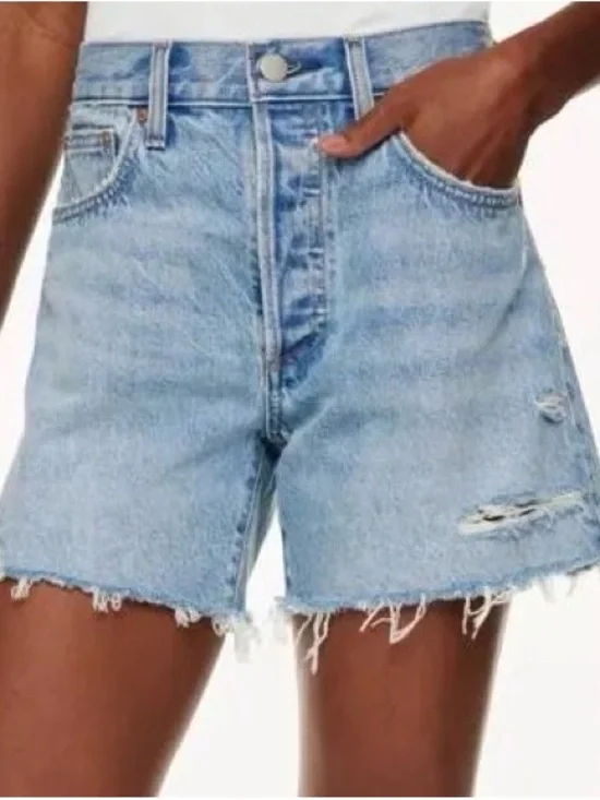 Denim Forum Ex Boyfriend High-Rise Distressed Jean Shorts- light blue