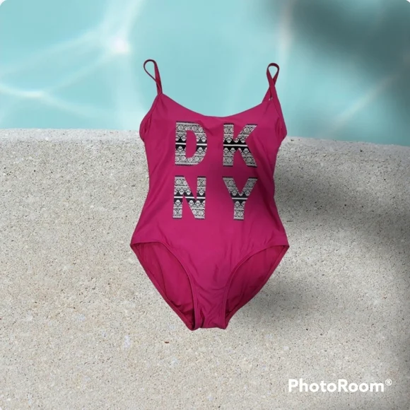 DKNY One Piece Pink Swimsuit Floral Logo Size 8 Adjustable Straps Excellent Cond