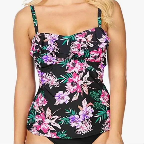 Island Escape BLACK  Floral Tankini Swim Top Sz 10