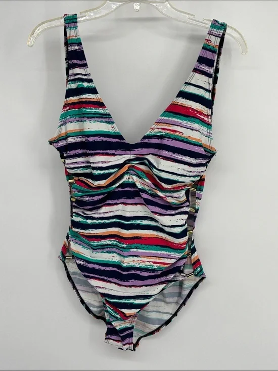 Beach Party side gold beading and plunge  back NWT lined swimsuit size 10