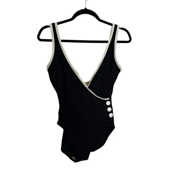 Mainstream Swimsuit Womens 14 Vintage One Piece Black Ivory Wrap V-Neck USA