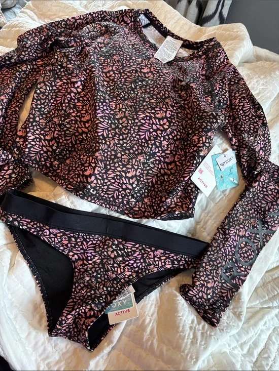 Roxy active long sleeve  Black & Pink Active Rash Guard bikini Set NWT
