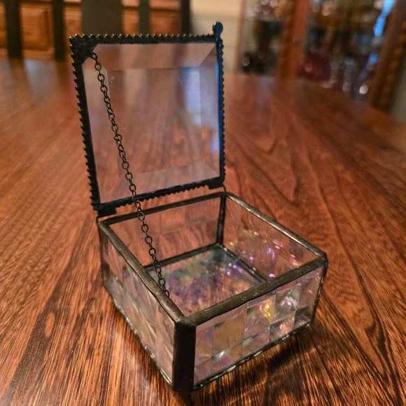 Vintage Iridescent Stained Glass Jewelry Box Beveled Clear Trinket Box Lidded