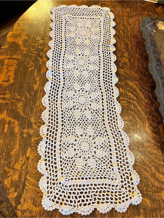 Vintage Handmade Crochet Lace Table Runner - Boho Cottagecore Decor