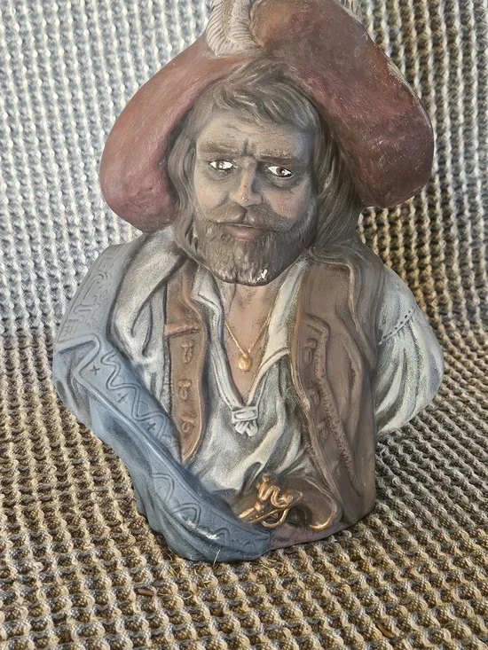 Hand-Painted Rustic Pirate Bust Sculpture in Brown and Red